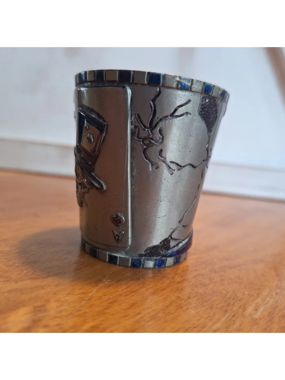 VTG Pewter Shot Glass Holder + Shot Glass Skeleton Gambler Spades Top Hat 2.25